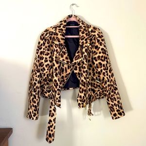 Leopard-print woven moto jacket